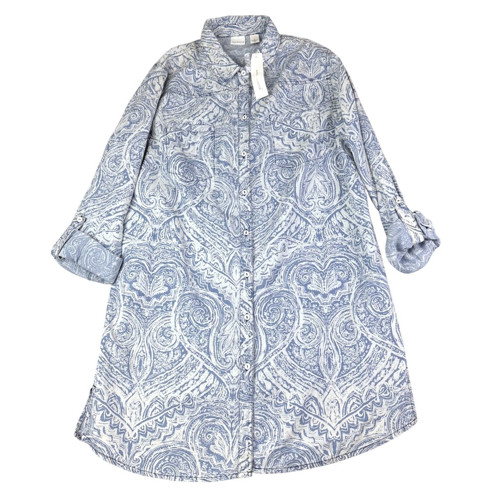 Westbound L Blue White Paisley Cotton Sheath Dress  Coastal Casual Western
